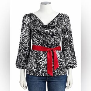 Jonathan Martin Lace Back Cowl Neck Blouse Black White Red Tie Size M